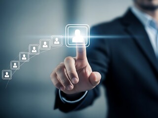 Man interacting with a futuristic interface for networking