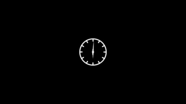 clock icon animation on black background. analog clock timer circle animated. 12 Hours Clock. Clock icon vector animation with clock face. spinning clock animation. time lapse of clock icon.4k video