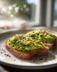 Two slices of toasted bread topped with mashed avocado and sprinkled with chili flakes sit on a plate, bathed in warm morning light for a fresh and healthy start