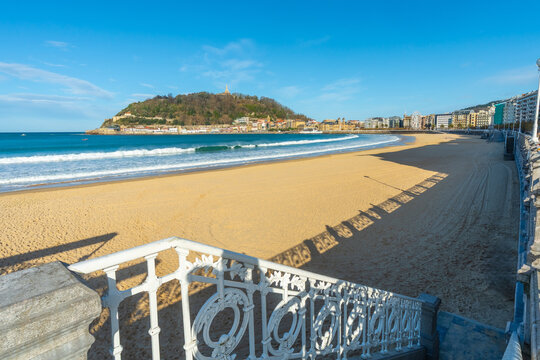 La concha beach coastline and mount urgull in san sebastian