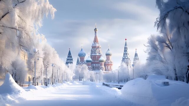 A vivid winter scene featuring a cityscape covered in snow. The main subject is a majestic cathedral with ornate domes and spires, set against a backdrop of a clear blue sky.