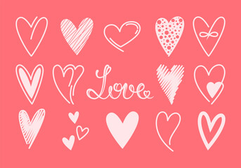 Hand drawing hearts set with Love lettering word. Valentines day vector illustration