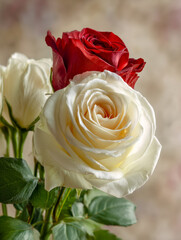 Fototapeta premium Two vibrant and beautifully detailed blooming roses, one red and one white, with lush green leaves against a soft, blurred background perfect for romantic floral the