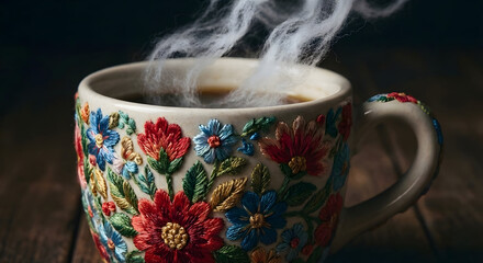 Steaming coffee in embroidered floral mug resting on rustic wooden table, creating cozy and artistic still life scene