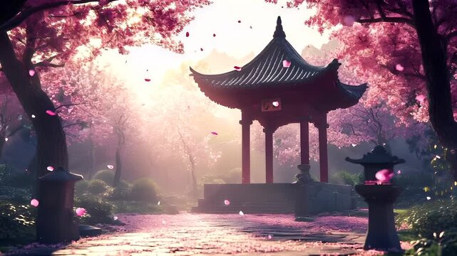 Spring booming. Life. New hope. Season. A vivid portrayal of a serene, cherry blossomfilled park scene with a traditional Chinese pagoda in the foreground. The pagoda.