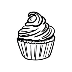 Delicious sweet cupcake with swirl frosting hand drawn black and white doodle