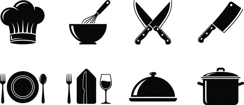 Professional chef and restaurant icon set featuring chef hat whisk bowl knives meat cleaver and dinner table setting