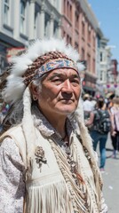 Obraz premium Mature asian male in traditional headdress at outdoor festival. American Indian Citizenship Day