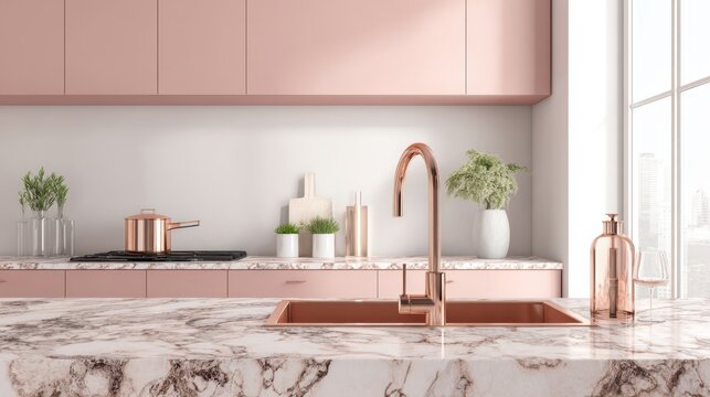 Modern pink kitchen with copper fixtures and marble countertops