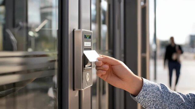 Medium shot of a user tapping an NFCenabled access card near a door reader for contactless biometric entry.