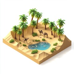 Obraz premium Tranquil Desert Oasis at Sunset - Isometric Diorama with Palm Trees, Camels, Water Pool, and Sand Dunes
