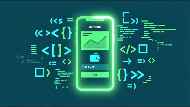 Neon green mobile banking app smartphone interface showing balance, pay button, wallet icon and chart with glowing code symbols conveying secure fintech finance and developer workflow for mobile