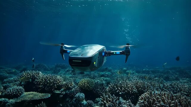 A futuristic underwater drone gliding through coral reefs