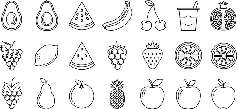 Fruit outline vector set featuring assorted tropical and seasonal fruits with clean line designs for food, health, and kitchen graphics