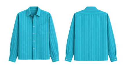 Stylish Sky Blue Pinstripe Long Sleeve Shirt for Men or Women, Front and Back Views Isolated on Transparent Background