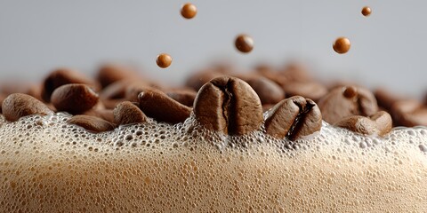 Coffee beans are floating on a foamy surface with liquid droplets falling in an abstract, aromatic, and delicious close-up shot.