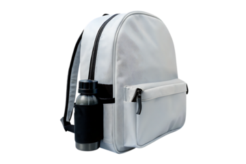 White backpack with black water bottle on side isolated on a transparent background