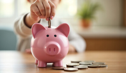A child saves money with a pink piggy bank.