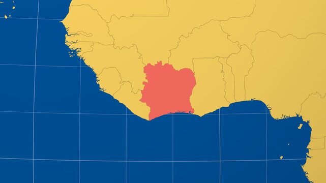 Cote d'Ivoire on Globe. Animated zoom into the country in Ocean Blue Golden Yellow color palette. Cote d'Ivoire logo animation. Map with meridians, parallels. Classy video.
