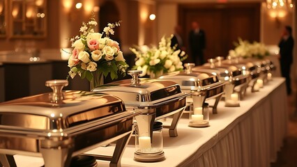 chafing. Lavish wedding buffet featuring silver serving dishes and beautiful floral centerpieces. public awareness campaigns.