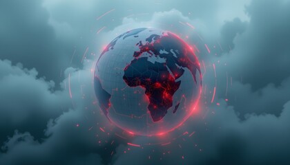 Global Connection: The earth, enveloped in atmospheric clouds, glows with a radiant aura. Representing global networks and the interconnected world