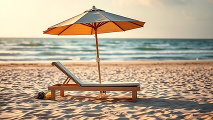 chaise. A luxurious chaise lounge on a sandy beach under an umbrella, capturing the essence of a coastal vacation during golden hour. tourism brochures.