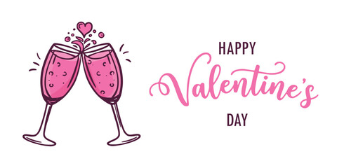 Two glasses of pink champagne clinking next to happy valentine's day text on white background
