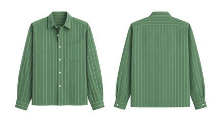 Stylish Soft Green Pinstripe Long Sleeve Shirt for Men or Women, Front and Back Views Isolated on Transparent Background