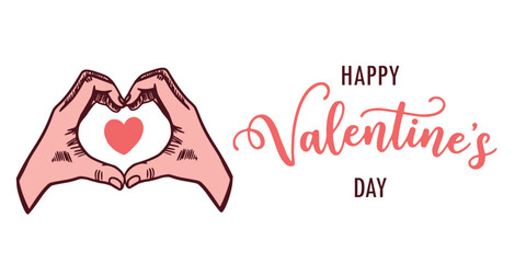 Two hands making a heart shape next to happy valentine's day lettering on white background
