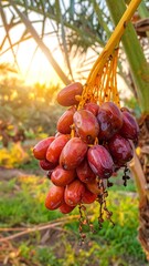 Ripe date fruits hanging from a palm tree branch at golden hour