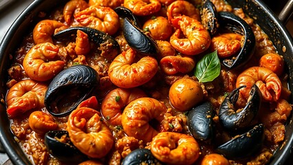 paella. Traditional Spanish seafood paella in a pan, rich with colors and textures, inviting and delicious. inspires cooking.