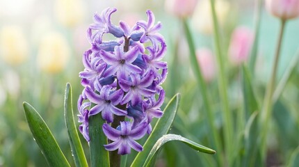 Purple hyacinth flower blooming in spring garden with tulips  