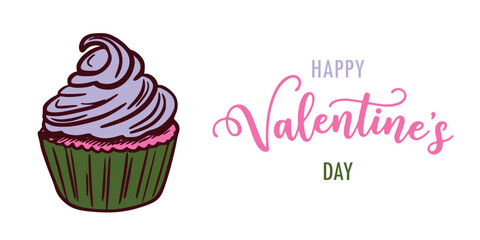 Cupcake with purple frosting next to happy valentine's day text on a white background
