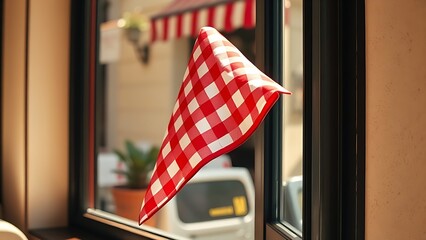 trattoria. A red-and-white checkered napkin on a trattoria windowsill. menu design, packaging mockups, designed for food delivery and cloud-kitchen brand materials.