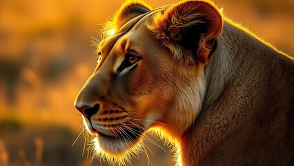 bigcat. Lioness portrait with textured fur, bathed in golden savanna light, exuding wild elegance. wildlife magazines, conservation campaigns, designed for wildlife conservation campaigns.