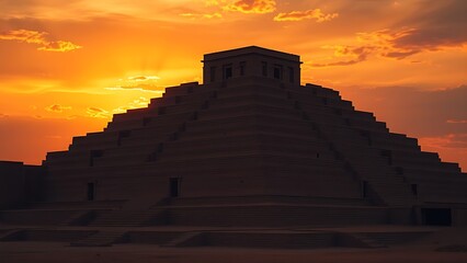 ziggurat. A massive stepped ziggurat ruin under a dramatic sunset sky, silhouette view. inspiring travel planning, real-estate listings, designed for interior renovation comparisons for interiors.
