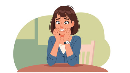 Vector illustration of a woman biting her nails nervously indoors, anxiety related bad habit and stress behavior concept in clean flat vector style