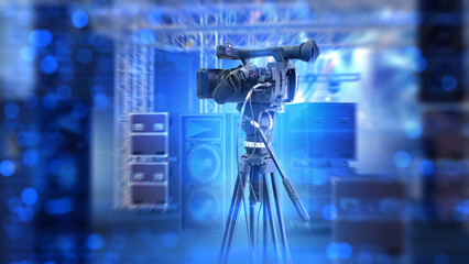 Video production, professional broadcast camera on tripod records stage with speakers and truss...