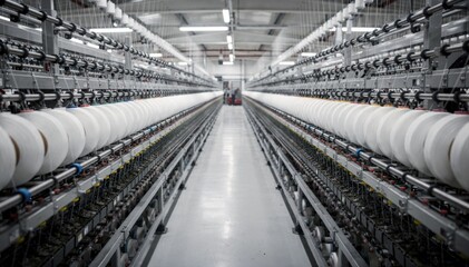 Medium shot of long rows of ring frames spinning yarn on spindles highlighting the intricate motion and steady rhythm of compact spinning technology.