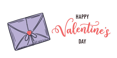 Envelope with a red heart seal next to happy valentine's day text on white background