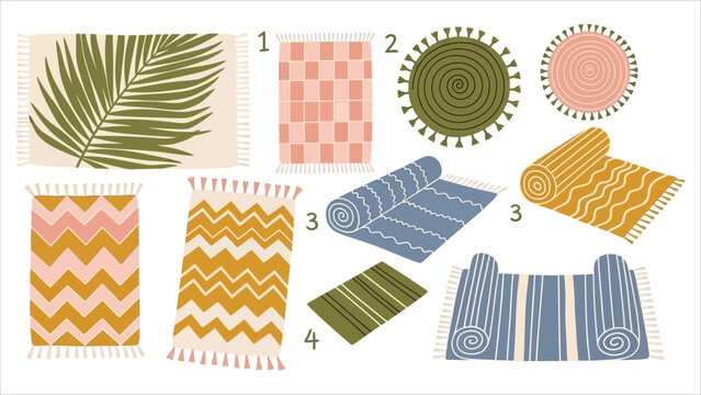 Cozy wool carpets and bath rugs. Decorative floor mats with various shapes and textures