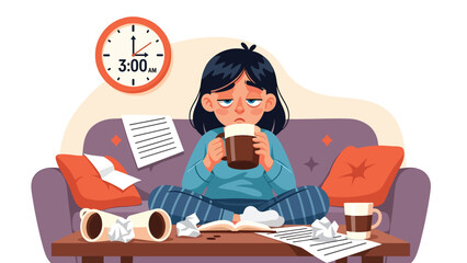Flat vector illustration of a woman drinking excessive coffee late at night, poor sleep routine and caffeine dependency habit concept
