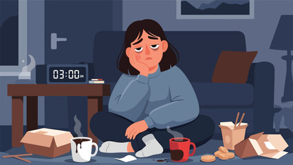 Flat vector illustration of a woman drinking excessive coffee late at night, poor sleep routine and caffeine dependency habit concept