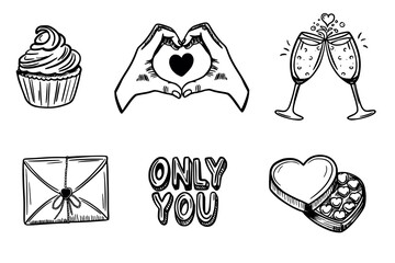 Set of romantic valentine day hand drawn doodles including hearts hands letter cupcake and champagne glasses