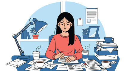 Vector illustration of a woman with a cluttered workspace full of unfinished tasks, disorganization habit and productivity issue concept