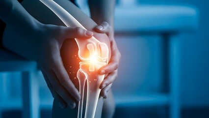 Knee joint pain and human anatomy inflammation. Orthopedic healthcare and bone medical treatment. Person holding an injured leg with glowing skeletal highlight