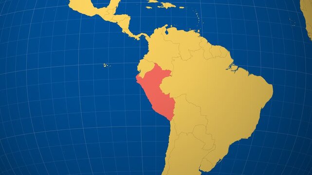 Peru on Globe. Animated zoom into the country in Ocean Blue Golden Yellow color palette. Peru logo animation. Map with meridians, parallels. Neat video.