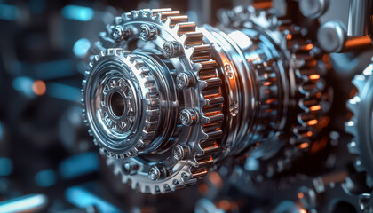 Close-up of precision mechanical gears and components in a high-tech machinery system