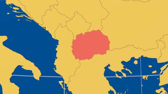 North Macedonia on Globe. Animated zoom into the country in Ocean Blue Golden Yellow color palette. North Macedonia logo animation. Map with meridians, parallels. Captivating video.