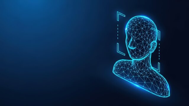 Digital face recognition system using glowing blue wireframe technology for biometric identification and security scanning